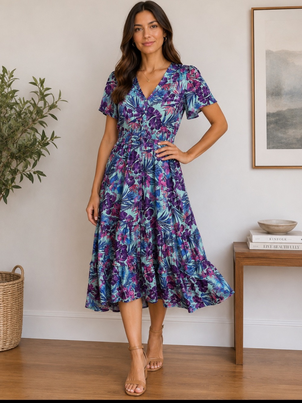 Sunday MIAMOR anthropology floral midi dress tiered size m purple blue…